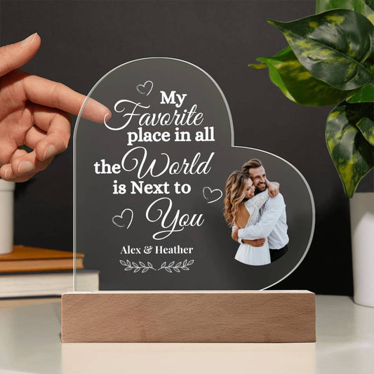 Personalized Acrylic Heart Plaque | My Favorite Place Is Next To You | Add Your Names and Photo