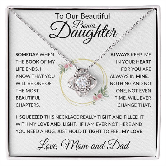 To Our Beautiful Bonus Daughter Love Knot Necklace | Gift For Her From Mom and Dad